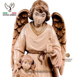 Statua Angelo custode con bambina in legno scolpito a mano