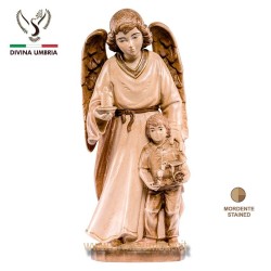 Statua Angelo custode con bambino in legno scolpito