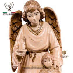 Statua Angelo custode con bambino in legno scolpito a mano